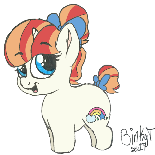 Size: 1476x1475 | Tagged: safe, artist:binkyt11, derpibooru import, rainbow stars, pony, unicorn, bow, chibi, colored digitally, ear fluff, female, hair bow, mare, simple background, solo, tail bow, traditional art, transparent background