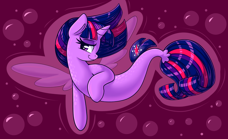 Size: 3700x2265 | Tagged: safe, artist:graphene, derpibooru import, twilight sparkle, twilight sparkle (alicorn), alicorn, pony, seapony (g4), my little pony: the movie, abstract background, bubble, dorsal fin, eyelashes, female, fin wings, fins, fish tail, flowing mane, flowing tail, horn, image, lidded eyes, looking at you, mare, ocean, png, purple background, purple eyes, scales, seaponified, seapony twilight, simple background, smiling, solo, species swap, swimming, tail, underwater, water, wings
