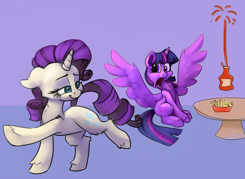 Size: 2000x1460 | Tagged: safe, artist:discorded, artist:lilfunkman, derpibooru import, rarity, twilight sparkle, twilight sparkle (alicorn), alicorn, pony, unicorn, chest fluff, collaboration, female, floppy ears, lesbian, mare, open mouth, rarilight, shipping, sitting, smiling, spread wings, wingboner, wings