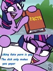 Size: 760x1015 | Tagged: 2 panel comic, alicorn, artist:quarium edits, comic, derpibooru import, ed edd n eddy, edit, exploitable, exploitable meme, gay, implied futa, intersex, male, meme, op is right you know, solo, suggestive, template, trap, twilight's fact book, twilight sparkle, twilight sparkle (alicorn), vulgar