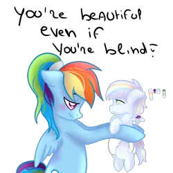 Size: 1000x1000 | Tagged: safe, artist:morries123, derpibooru import, rainbow dash, oc, oc:shade, pony, alternate hairstyle, baby, baby pony, blind, diaper, female, filly, holding a pony, mother and daughter, offspring, parent:rainbow dash, parent:soarin', parents:soarindash, simple background, transparent background