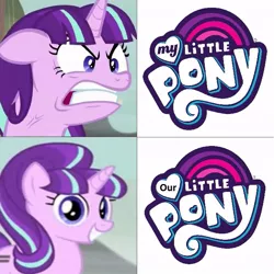 Size: 681x680 | Tagged: collectivism, communism, derpibooru import, edit, editor:grapefruitface, exploitable meme, logo, logo edit, logo parody, meme, my little pony logo, our little pony, parody of a parody, ragelight glimmer, s5 starlight, safe, screencap, solo, stalin glimmer, starlight glimmer, the cutie map, you/our