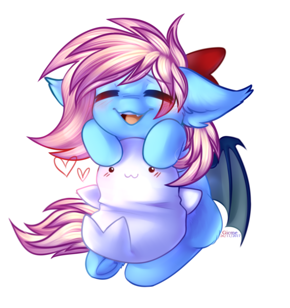 Size: 3116x3304 | Tagged: safe, artist:gicme, derpibooru import, oc, oc:moon ribbon, unofficial characters only, bat pony, pony, seal, bat pony oc, bow, cute, eyes closed, fangs, floppy ears, heart, offspring, parent:oc:moonshot, parent:oc:sweet cakes, parents:oc x oc, parents:sweetshot, plushie, simple background, solo, sweetshot, transparent background
