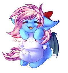 Size: 3116x3304 | Tagged: safe, artist:gicme, derpibooru import, oc, oc:moon ribbon, unofficial characters only, bat pony, pony, seal, bat pony oc, bow, cute, eyes closed, fangs, floppy ears, heart, offspring, parent:oc:moonshot, parent:oc:sweet cakes, parents:oc x oc, parents:sweetshot, plushie, simple background, solo, sweetshot, transparent background