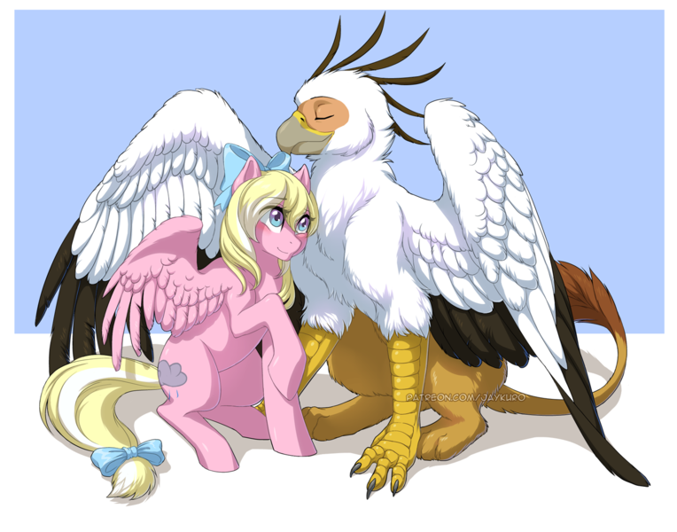 Size: 1375x1080 | Tagged: safe, artist:jay-kuro, derpibooru import, oc, oc:bay breeze, oc:vistamage, unofficial characters only, gryphon, pony, female, male, mare, smiling