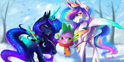 Size: 3464x1732 | Tagged: safe, artist:wilvarin-liadon, derpibooru import, princess celestia, princess luna, spike, alicorn, dragon, pony, blushing, carrot, clothes, crown, cute, ear fluff, eyes closed, female, food, gem, glowing horn, horn, jewelry, laughing, levitation, looking away, magic, mare, open mouth, raised hoof, regalia, royal sisters, scarf, smiling, snow, snowfall, snowman, sweet dreams fuel, telekinesis, unamused, wallpaper, wings