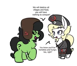 Size: 1176x1002 | Tagged: safe, derpibooru import, oc, oc:anonfilly, oc:aryanne, unofficial characters only, earth pony, pony, /mlpol/, armband, aryan pony, chest fluff, chibi, clothes, communism, dialogue, ear fluff, eyes closed, female, filly, fluffy, hammer and sickle, hat, hoof fluff, leg fluff, mare, military uniform, nazi, nazi armband, open mouth, peaked cap, question mark, raised eyebrow, raised hoof, scorched earth, shirt, simple background, skull, smiling, smirk, swastika, this will end in famine, uniform, unshorn fetlocks, ushanka, white background, world war ii