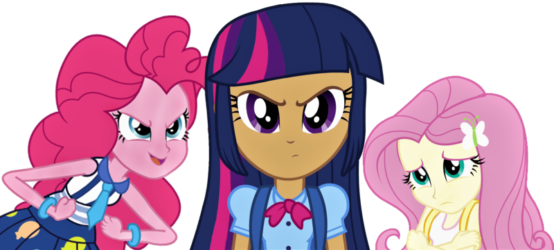 Size: 2370x1071 | Tagged: safe, artist:seahawk270, derpibooru import, edit, vector edit, fluttershy, pinkie pie, twilight sparkle, human, equestria girls, clothes, cover image, female, frown, human coloration, humanized, light skin, looking at you, moderate dark skin, photoshop, simple background, story in the source, transparent background, trio, vector