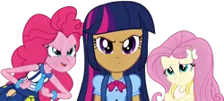 Size: 2370x1071 | Tagged: safe, artist:seahawk270, derpibooru import, edit, vector edit, fluttershy, pinkie pie, twilight sparkle, human, equestria girls, clothes, cover image, female, frown, human coloration, humanized, light skin, looking at you, moderate dark skin, photoshop, simple background, story in the source, transparent background, trio, vector