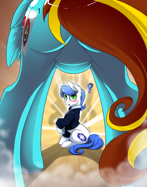 Size: 3019x3826 | Tagged: suggestive, alternate version, artist:arctic-fox, derpibooru import, oc, oc:antony c, oc:ilovekimpossiblealot, unofficial characters only, earth pony, pegasus, pony, blushing, buttcheeks, clothes, commission, featureless crotch, female, framed by legs, ilony, male, plot, rear view, the ass was flat, tuxedo