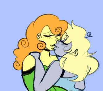 Size: 333x297 | Tagged: artist:cubbybatdoodles, carrot top, colored, color edit, colorist:ironhades, derpibooru import, derpy hooves, derpytop, ditzy doo, edit, female, golden harvest, human, kissing, lesbian, safe, shipping, sketch