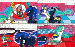 Size: 3288x2084 | Tagged: artist:eternaljonathan, chaos, comic, comic:a new twist, conjoined, conjoined royal sisters, derpibooru import, discord, fusion, merge, moonbutt, multiple heads, plot, princess celestia, princess luna, royal sisters, saddle bag, safe, scroll, target, traditional art, two heads