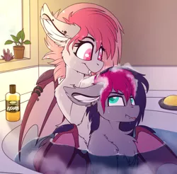 Size: 1808x1782 | Tagged: safe, artist:meggchan, derpibooru import, oc, oc:candy quartz, oc:retro wave, unofficial characters only, bat pony, pony, bat pony oc, bath, bathing, bathroom, bathtub, candywave, chest fluff, cute, ear fluff, explicit source, fangs, female, floppy ears, fluffy, grumpy, lush, male, mare, mlem, piercing, shipping, silly, soap, stallion, tongue out, water, wet, wet mane, wing piercing, wings