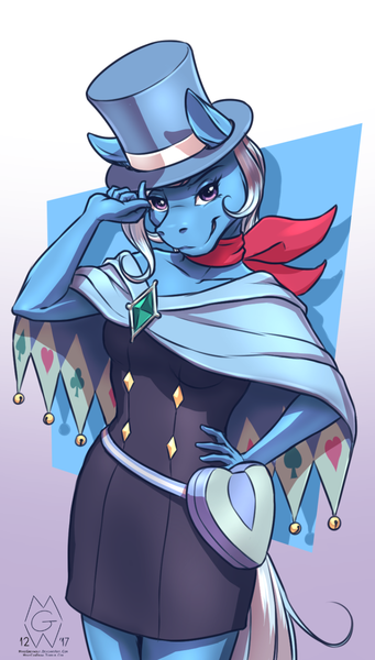 Size: 811x1425 | Tagged: safe, artist:mykegreywolf, derpibooru import, trixie, anthro, unicorn, ace attorney, clothes, cosplay, costume, hat, smiling, solo, top hat, trucy wright