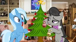 Size: 1920x1080 | Tagged: 16:9, 1920x1080, artist:dashiesparkle, bauble, bust, christmas, christmas star, christmas tree, derpibooru import, duo, editor:grapefruitface, festive, filter, hearth's warming eve, holiday, irl, octavia melody, photo, portrait, safe, tree, trixie, wallpaper