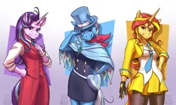 Size: 2375x1425 | Tagged: safe, artist:mykegreywolf, derpibooru import, starlight glimmer, sunset shimmer, trixie, anthro, unicorn, ace attorney, apollo justice, athena cykes, clothes, cosplay, costume, counterparts, crossover, female, hat, looking at you, mare, smiling, smirk, startrixset, top hat, trio, trucy wright, twilight's counterparts