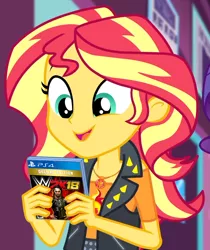 Size: 1717x2048 | Tagged: safe, derpibooru import, edit, editor:thebar, screencap, sunset shimmer, a fine line, equestria girls, equestria girls series, cute, fangirl, gamer girl, leather vest, ps4 cover, seth rollins, shimmerbetes, video game, video game cover, wwe, wwe 2k18