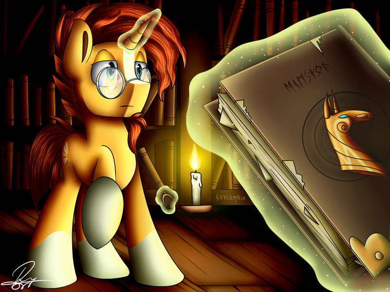 Size: 1600x1200 | Tagged: safe, artist:supermoix, derpibooru import, sunburst, horse, pony, unicorn, book, candle, dark, glowing horn, levitation, library, magic, male, solo, stallion, telekinesis