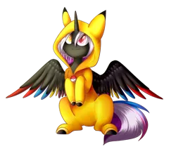 Size: 1700x1440 | Tagged: safe, artist:despotshy, derpibooru import, oc, oc:flaming rainbow, unofficial characters only, alicorn, pikachu, pony, clothes, colored wings, costume, female, heterochromia, kigurumi, mare, multicolored wings, pokéball, pokémon, simple background, sitting, solo, transparent background