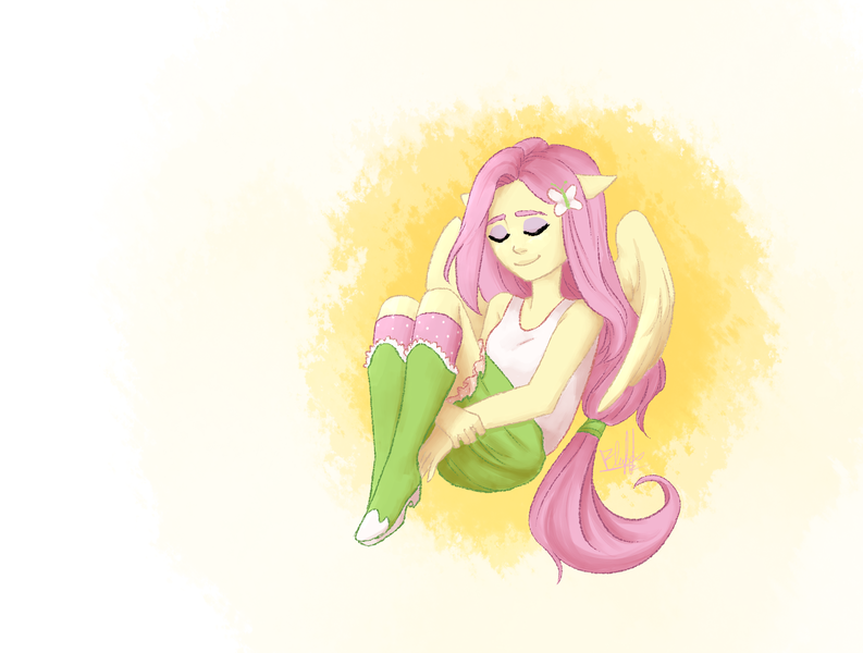 Size: 2424x1834 | Tagged: safe, artist:bunnyartblog, derpibooru import, fluttershy, equestria girls, eyes closed, female, ponied up, smiling, solo, spread wings, wings