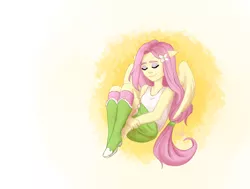 Size: 2424x1834 | Tagged: safe, artist:bunnyartblog, derpibooru import, fluttershy, equestria girls, eyes closed, female, ponied up, smiling, solo, spread wings, wings