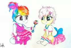 Size: 2898x1977 | Tagged: safe, artist:liaaqila, derpibooru import, fluttershy, rainbow dash, equestria girls, alternate hairstyle, baby, baby dash, babyshy, bow, clothes, cute, daaaaaaaaaaaw, dashabetes, dress, duo, friends, holding, looking at something, rattle, shyabetes, simple background, sitting, smiling, socks, toddler, traditional art, white background, younger