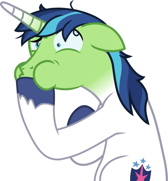 Size: 2370x2549 | Tagged: safe, artist:frownfactory, derpibooru import, shining armor, unicorn, once upon a zeppelin, .svg available, airsick, airsick armor, green face, horn, male, raised eyebrow, sick, simple background, solo, stallion, svg, transparent background, vector