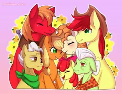 Size: 1787x1378 | Tagged: safe, artist:hosikawa, derpibooru import, apple bloom, applejack, big macintosh, bright mac, grand pear, granny smith, pear butter, earth pony, pony, the perfect pear, apple family, apple siblings, apple sisters, blushing, brother and sister, cowboy hat, eyes closed, family, family reunion, father and daughter, father and son, father and son-in-law, female, filly, gradient background, grandfather and grandchild, grandfather and granddaughter, grandfather and grandson, grandmother and grandchild, grandmother and granddaughter, grandmother and grandson, hat, if only, male, mare, mother and child, mother and daughter, mother and daughter-in-law, mother and son, pink background, siblings, simple background, sisters, smiling, stallion, the whole apple family