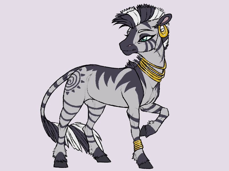 Size: 800x600 | Tagged: artist:dementra369, bracelet, derpibooru import, ear piercing, earring, female, hoers, jewelry, looking back, mare, neck rings, piercing, raised hoof, safe, simple background, solo, unshorn fetlocks, zebra, zecora