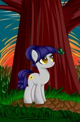 Size: 462x702 | Tagged: safe, artist:cherry, derpibooru import, oc, oc:fruity blossom, unofficial characters only, butterfly, cute, path, pixel art, solo, sunset, tree