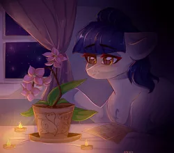 Size: 1687x1487 | Tagged: safe, artist:crybaby, derpibooru import, oc, oc:fruity blossom, unofficial characters only, blushing, candle, candlelight, curtains, dark, flower, flower pot, heart eyes, night, notes, sitting, solo, stars, window, wingding eyes