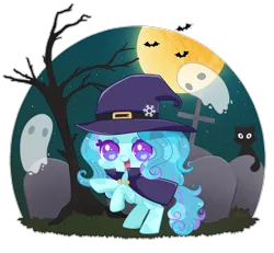 Size: 1308x1210 | Tagged: artist:exceru-karina, crystal pony, derpibooru import, ghost, gravestone, halloween, holiday, moon, oc, oc:winter doodle, rearing, safe, simple background, transparent background, unofficial characters only, witch