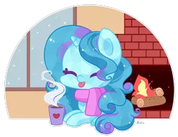 Size: 1681x1298 | Tagged: safe, artist:exceru-karina, derpibooru import, oc, oc:winter doodle, unofficial characters only, crystal pony, chocolate, clothes, cute, fireplace, food, hot chocolate, scarf, simple background, tongue out, transparent background, winter