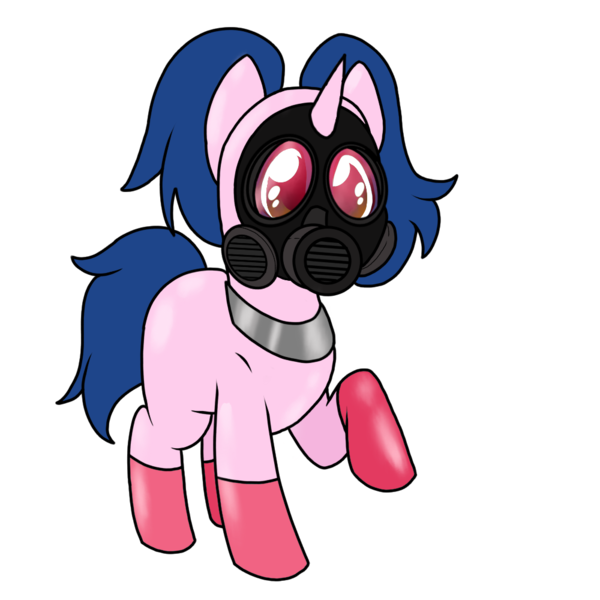 Size: 1000x1000 | Tagged: safe, artist:ask-sonatadusk, deleted from derpibooru, derpibooru import, oc, oc:starlight blossom, unofficial characters only, unicorn, alternate hairstyle, bondage, collar, encasement, female, filly, gas mask, hazmat suit, horn cap, latex, latex boots, latex suit, mask, pigtails, rubber drone, simple background, solo, transparent background, twintails
