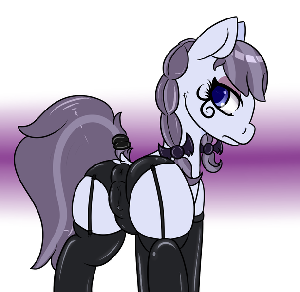 Size: 1026x1000 | Tagged: questionable, artist:lazerblues, derpibooru import, inky rose, earth pony, pony, anus cameltoe, cameltoe, clothes, dock, female, garters, latex, looking back, mare, panties, plot, rear view, socks, solo, solo female, tail wrap, thigh highs, underwear