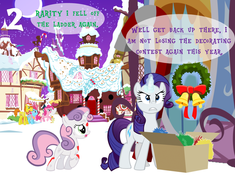 Size: 1024x768 | Tagged: safe, artist:bronybyexception, derpibooru import, carrot cake, cup cake, pinkie pie, pound cake, pumpkin cake, rarity, sweetie belle, pony, abuse, advent calendar, blood, cake family, carousel boutique, child neglect, christmas, decorating, female, filly, hearth's warming eve, holiday, injured, jealous, male, mare, noodle incident, raribitch, snow, stallion, sugarcube corner, sweetiebuse