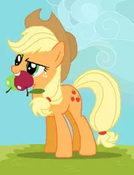 Size: 322x420 | Tagged: safe, artist:mobubbles, derpibooru import, applejack, earth pony, pony, apple, biting, cloud, cowboy hat, female, food, grass, green apple, hat, mare, mouth hold, ms paint, red apple, solo, that pony sure does love apples