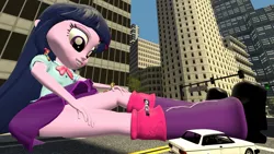 Size: 1500x843 | Tagged: safe, artist:jeroen01, derpibooru import, apple bloom, applejack, rarity, twilight sparkle, twilight sparkle (alicorn), equestria girls, 3d, attack on twi-tan, car, city, clothes, cowboy hat, giantess, leg warmers, macro, megalight sparkle, requested art, shoes, skirt, skirt lift, source filmmaker, stetson