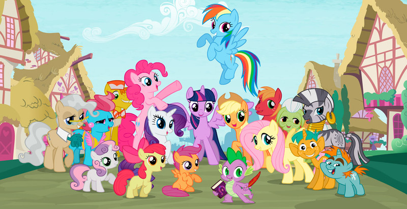 Size: 970x500 | Tagged: safe, derpibooru import, dhx media, apple bloom, applejack, big macintosh, carrot cake, fluttershy, granny smith, mayor mare, pinkie pie, rainbow dash, rarity, scootaloo, snails, snips, spike, sweetie belle, twilight sparkle, twilight sparkle (alicorn), zecora, alicorn, dragon, earth pony, pegasus, pony, unicorn, book, colt, cupcake, cutie mark crusaders, female, filly, flying, food, male, mane seven, mane six, mane six opening poses, mare, open mouth, opening theme, quill, raised hoof, smiling, spread wings, stallion, standing, theme song, wings