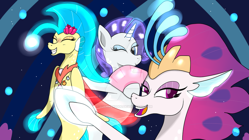 Size: 1024x576 | Tagged: artist:susanzx2000, dead source, derpibooru import, female, my little pony: the movie, princess skystar, queen novo, rarity, safe, seaponified, seapony (g4), seapony rarity, species swap, trio, watermark