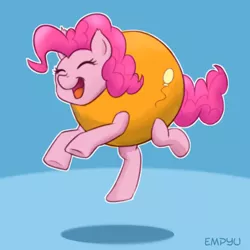 Size: 1000x1000 | Tagged: artist:empyu, blue background, derpibooru import, food, happy, inanimate tf, jumping, orange, orangified, pinkie pie, safe, simple background, smiling, solo, transformation