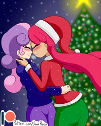 Size: 1600x2000 | Tagged: alternate version, apple bloom, artist:jake heritagu, ass, back, blushing, christmas, christmas tree, clothes, cute, derpibooru import, eyes closed, female, holiday, human, humanized, lesbian, pants, patreon, patreon logo, safe, shipping, snow, snowfall, sweetie belle, sweetiebloom, tree, winter outfit