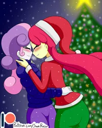 Size: 1600x2000 | Tagged: safe, artist:jake heritagu, derpibooru import, apple bloom, sweetie belle, equestria girls, ass, back, blushing, christmas, christmas tree, clothes, eyes closed, female, holiday, lesbian, pants, patreon, patreon logo, shipping, snow, snowfall, sweater, sweetiebloom, tree