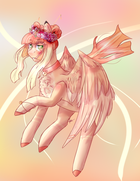 Size: 1288x1663 | Tagged: safe, artist:historia18, derpibooru import, oc, oc:lyshuu, unofficial characters only, pegasus, pony, abstract background, female, flower, flower in hair, flying, mare, solo, unshorn fetlocks