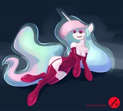 Size: 1280x1159 | Tagged: alicorn, anthro, arm hooves, artist:oneofyouare, breasts, clothes, derpibooru import, evening gloves, female, garters, gloves, latex, latex gloves, latex socks, leotard, long gloves, princess celestia, semi-anthro, socks, solo, solo female, stockings, suggestive, sultry pose, thigh highs, unguligrade anthro