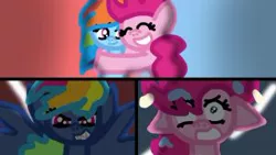 Size: 300x169 | Tagged: artist needed, safe, derpibooru import, pinkie pie, rainbow dash, earth pony, pegasus, pony, secrets and pies, cute, evil pie hater dash, eyes closed, female, floppy ears, lesbian, looking at you, mare, picture for breezies, pinkiedash, pinkiehater, shipping, shrunken pupils, smiling, stare