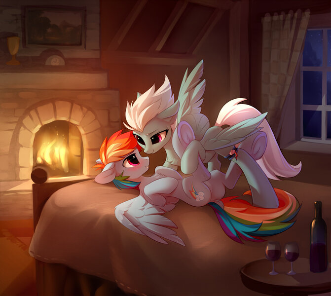 Size: 1450x1296 | Tagged: suggestive, artist:tomatocoup, derpibooru import, fleetfoot, rainbow dash, pegasus, pony, accessory, alcohol, bed, bedroom, blushing, commission, dock, explicit source, female, fire, fireplace, fleetdash, garter, glass, imminent sex, lesbian, looking at each other, mare, night, nightstand, plot, romantic, shipping, smiling, spread wings, underhoof, wine, wine glass, wings