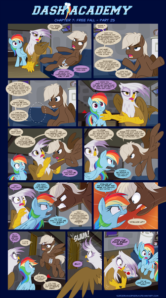 Size: 1248x2226 | Tagged: safe, artist:sorcerushorserus, derpibooru import, dumbbell, gilda, rainbow dash, gryphon, pegasus, pony, comic:dash academy, air hockey, basement, comic, female, mare, meme, triggered