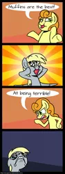 Size: 600x1601 | Tagged: safe, artist:zicygomar, derpibooru import, edit, editor:moonatik, carrot top, derpy hooves, golden harvest, earth pony, pegasus, pony, abuse, bait and switch, comic, crying, derpybuse, dialogue, dilated pupils, female, food, mare, muffin, open mouth, pure unfiltered evil, sad, shrug, speech bubble, sunburst background