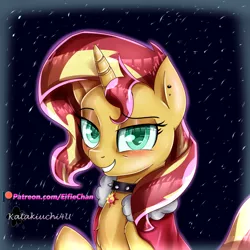 Size: 3000x3000 | Tagged: safe, artist:katakiuchi4u, derpibooru import, sunset shimmer, pony, unicorn, blushing, bust, chest fluff, choker, clothes, collar, colored pupils, cutie mark collar, ear piercing, female, lidded eyes, looking at you, mare, patreon, patreon logo, piercing, raised eyebrow, raised hoof, smiling, snow, solo, spiked collar, winter